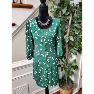 Les Serien Green Floral Polyester Scoop Neck Long Sleeve Knee Length Dress S